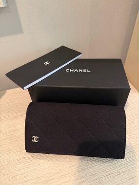 CHANEL Black Quilted Flap Sunglass Case with Gold CC. Box included.